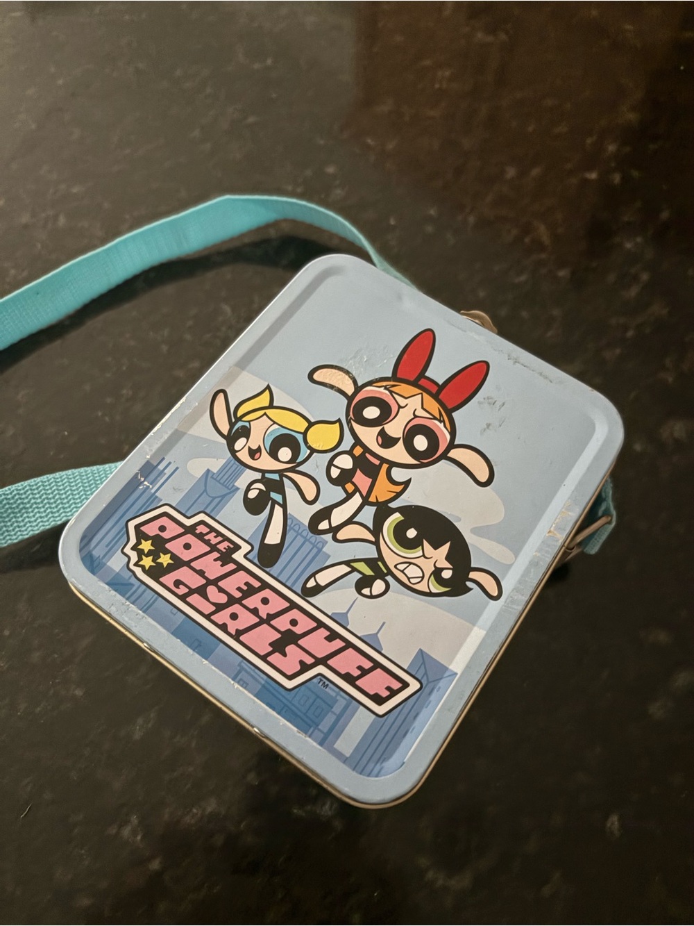 Powerpuff Girls Tin box with strap in Light Blue